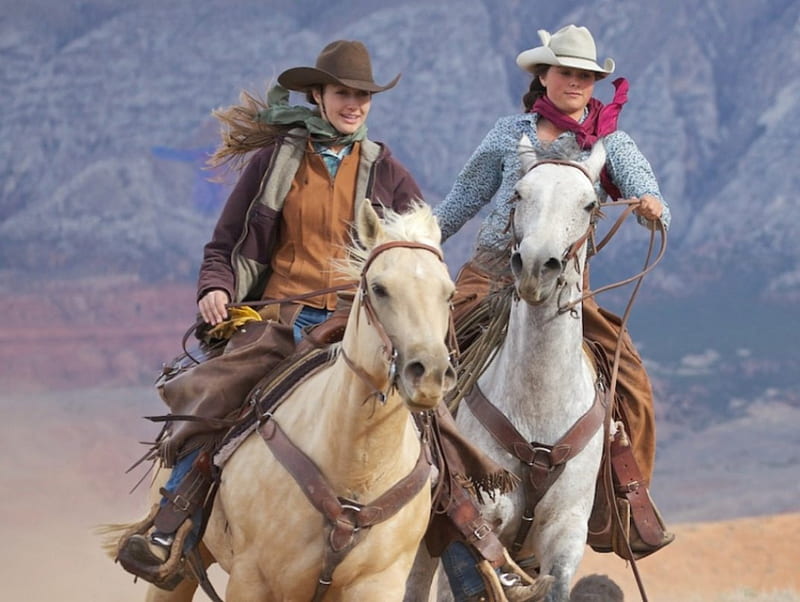 Happy riding, two, cowgirls, horses, fast, HD wallpaper