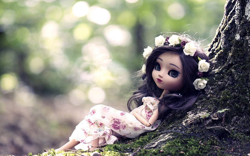 Silence, cute, tree, green, girl, toy, nature, doll, pink, HD wallpaper