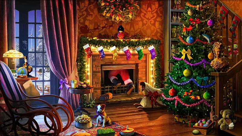 Santa's visit, tree, santa, visit, legs, decorations, chair, room, chimney,  HD wallpaper | Peakpx