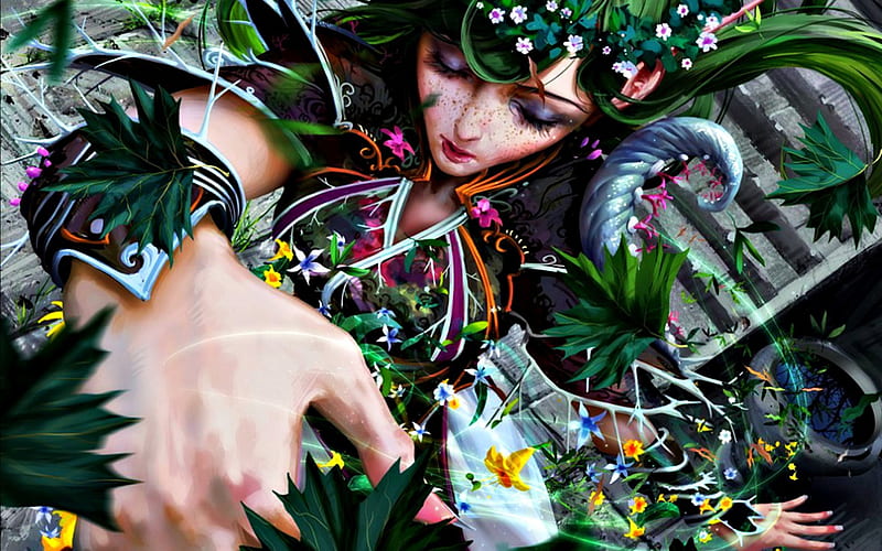 Shaman of spring, art, johannes voB, shaman, spring, woman, fantasy, green, hand, flower, HD wallpaper