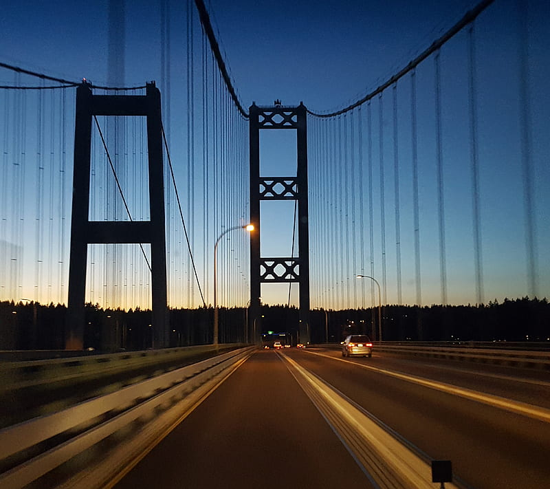 Tacoma Narrows, bridge, bridges, eve, night, pass, road, state, steel, sun, sunset, wa, washington, HD wallpaper
