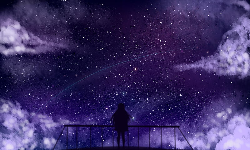 anime girl, stars, clouds, fence, silhouette, Anime, HD wallpaper