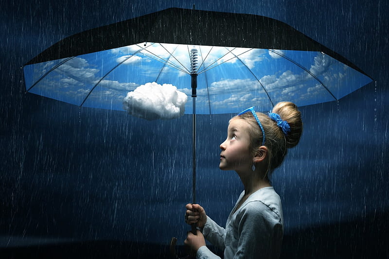 The good weather umbrella, john wilhelm, little, fetita, umbrella, fantasy, child, blue, cloud, blonde, sky, creative, situation, girl, copil, rain, white, HD wallpaper