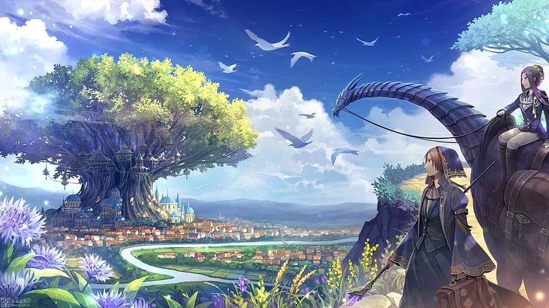 Anime fantasy world, giant tree, birds, clouds, cityscape, staff, creature,  Anime, HD wallpaper | Peakpx