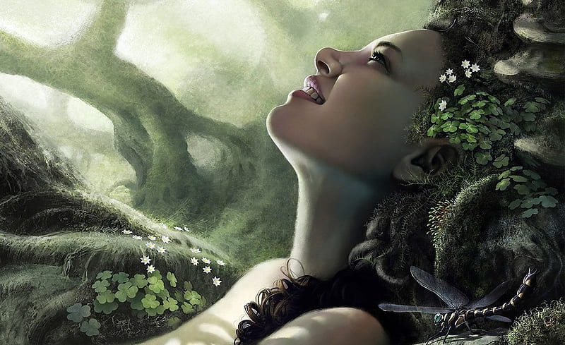 Forest nymph, art, smile, woman, fantasy, girl, green, flower, dragonfly, HD wallpaper