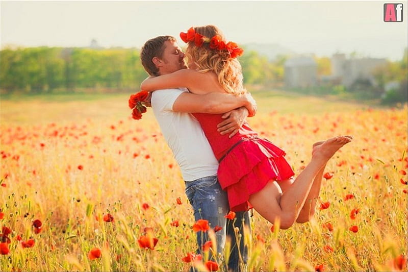 Happy Couple , poppy, romantic, romance, happiness, poppies, man, woman, happy, graphy, love, couple, field, HD wallpaper