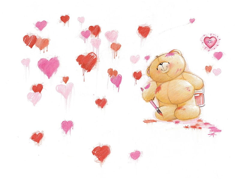 Painting Love, paint can, painting, teddy bear, corazones, paintbrush, HD wallpaper