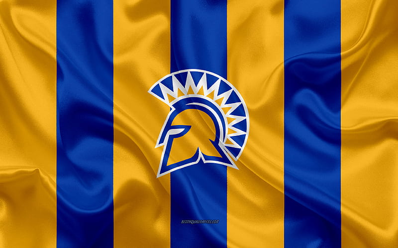 San Jose State Spartans, American football team, emblem, silk flag, blue yellow silk texture, NCAA, San Jose State Spartans logo, San Jose, California, USA, American football, San Jose State University, HD wallpaper