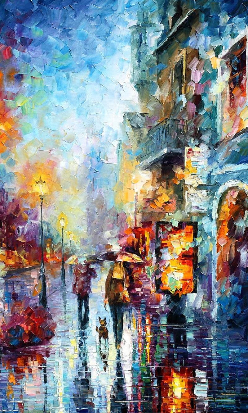 painting, afremov, city, night, rain, HD phone wallpaper