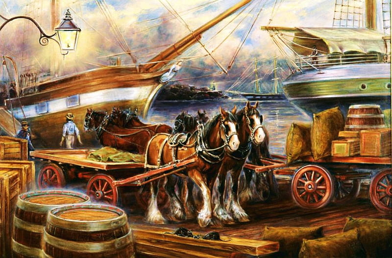 Freight Forwarding, ships, trade, cart, barrels, cases, artwork, horses, painting, harbor, HD wallpaper