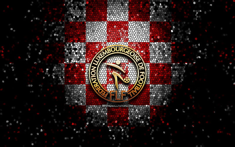 Luxembourgish football team, glitter logo, UEFA, Europe, red white checkered background, mosaic art, soccer, Luxembourg National Football Team, FLF logo, football, Luxembourg, HD wallpaper
