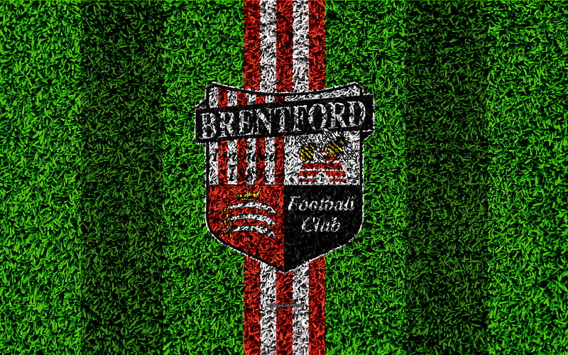 Brentford FC football lawn, logo, emblem, English football club, red white lines, Football League Championship, grass texture, Brentford, UK, England, football, HD wallpaper
