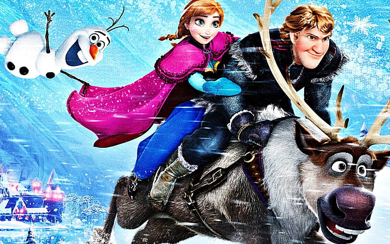 Frozen (2013), snwman, anna, movie, kristoff, man, winter, olaf, fantasy, girl, reindeer, frozen, princess, pink, disney, blue, HD wallpaper