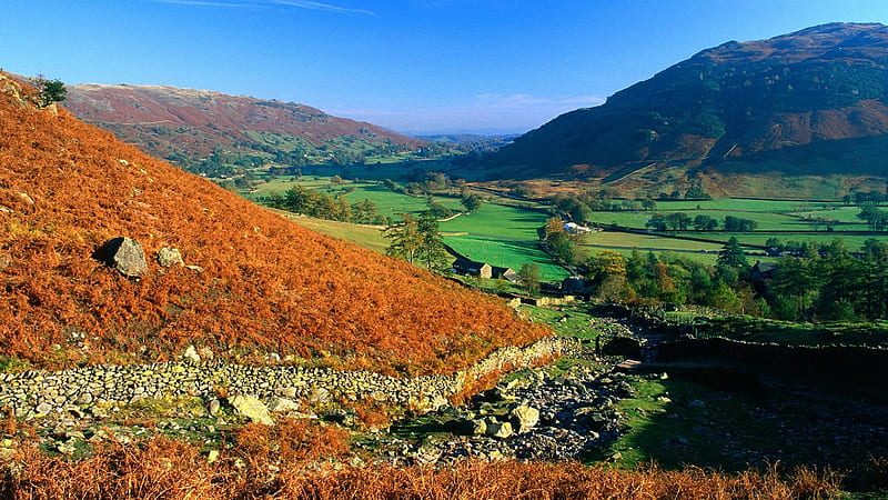 Cumbria, Lake Country, UK, autumn, england, cumbria, farm, europe, mountain, united kingdom, season, field, lake country, landscape, HD wallpaper