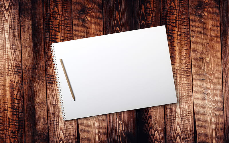 blank paper macro, blank notebook with pencil, wooden board, wooden background, notebook, HD wallpaper