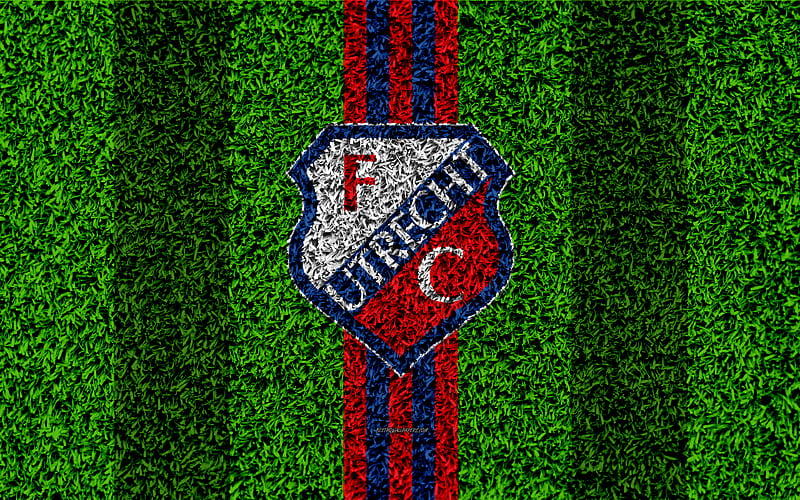 FC Utrecht emblem, football lawn, Dutch football club, logo, grass texture, Eredivisie, red blue lines, Utrecht, Netherlands, football, HD wallpaper