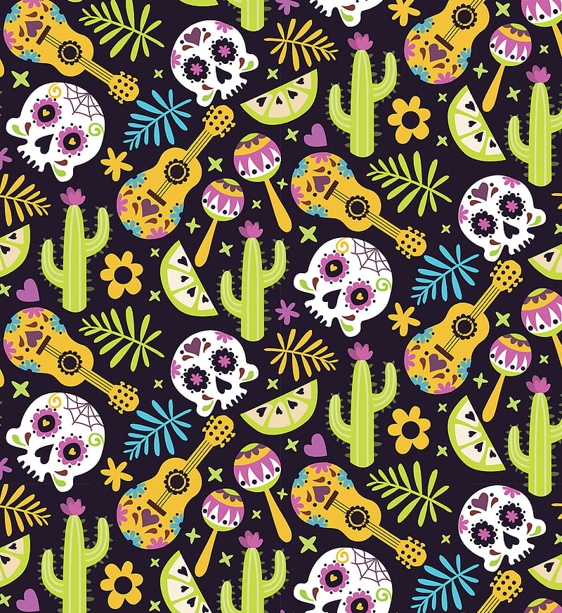 mexico, skull, guitar, cacti, patterns, texture, pattern, HD phone wallpaper