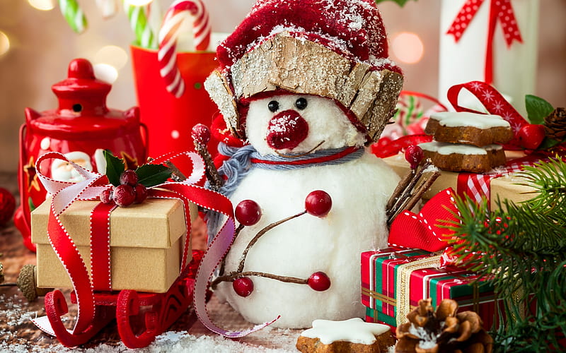 Snowman, toy, Christmas, New Year, gifts, decoration, snowmen, Christmas tree, HD wallpaper