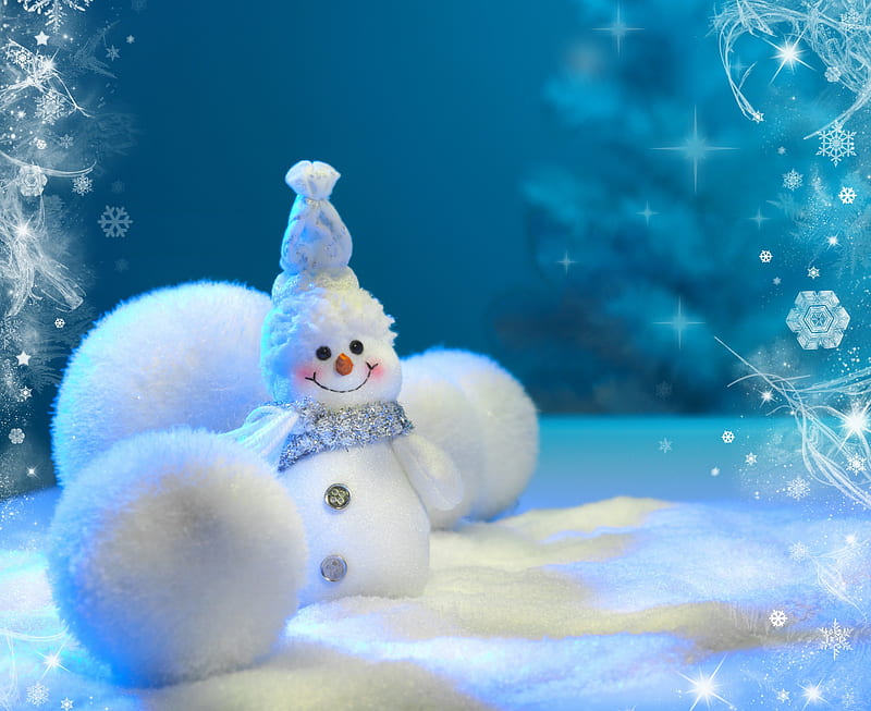 Cute Snowman, pretty, bonito, adorable, magic, xmas, sweet, cold, graphy, fantasy, magic christmas, beauty, blue, lovely, holiday, christmas, snowballs, smile, new year, happy new year, smiling, snowman, winter, happy, cute, flakes, snowball, merry christmas, snow, white, HD wallpaper