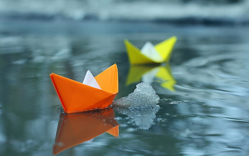 paper boats, water, ice, leadership concepts, origami, HD wallpaper