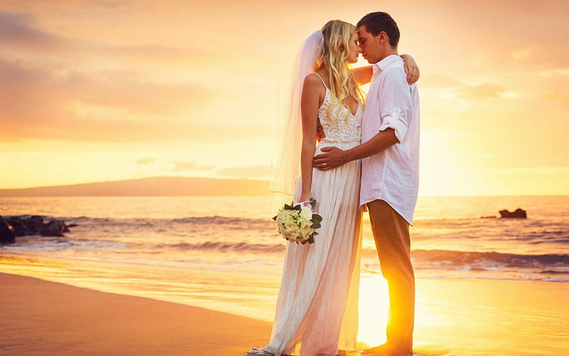 Just Married, beach, bride, wedding, bouquet, HD wallpaper