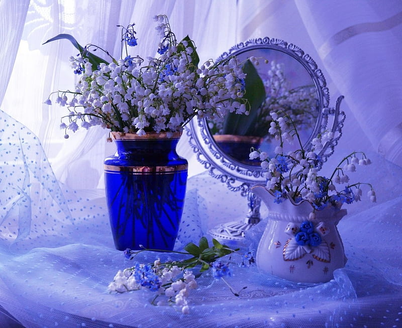 Blue background with lilies of the valley, background, vase, still life, flowers, beauty, mirror, discreet, porcelain, blue, colors, soft, spring, delicate, freshness, lilies of the valley, glass, smell, nature, white, HD wallpaper