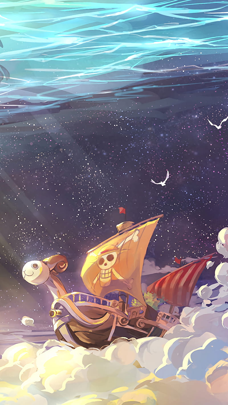Heaven merry, anime, colorful, landscapes, manga, one piece, sea, ship, weeb, HD phone wallpaper