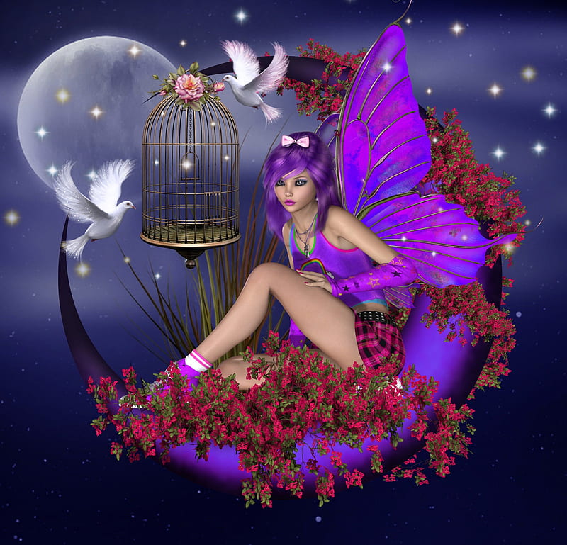 ✼Fairy Crescent of Romantic✼, pretty, charm, bonito, digital art, sweet, hair, fantasy, butterfly, bright, fairies, flowers, face, girls, fairy, animals, female, wings, lovely, colors, birds, roses, mixed media, cage, plants, dove, beloved valentines, HD wallpaper