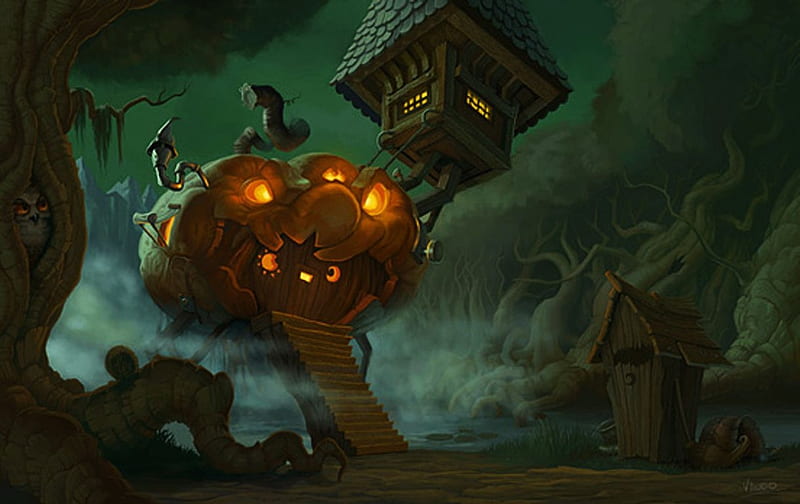 Happy Halloween, ghosts, pumpkin, scary, cabin, artwork, night, HD wallpaper