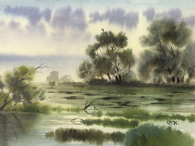 Overgrown pond, pond, art, tree, painting, nature, landscape, HD wallpaper