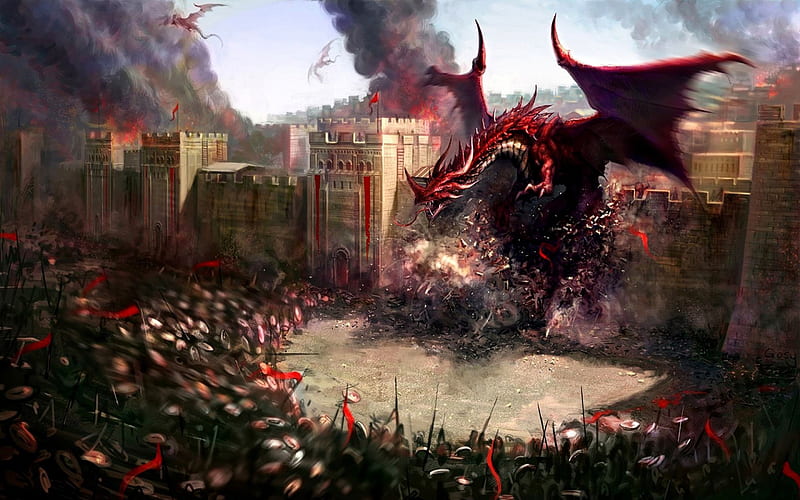 The rampage of the Red Dragon, red, art, wings, game, dragon, fantasy, battle, tower, fight, castle, HD wallpaper