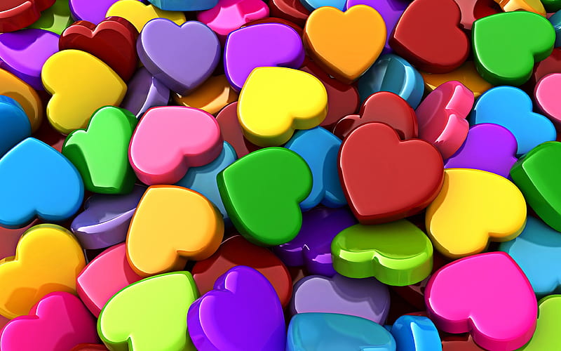 colorful 3D hearts 3D textures, colorful hearts background, 3D art, colorful hearts, HD wallpaper