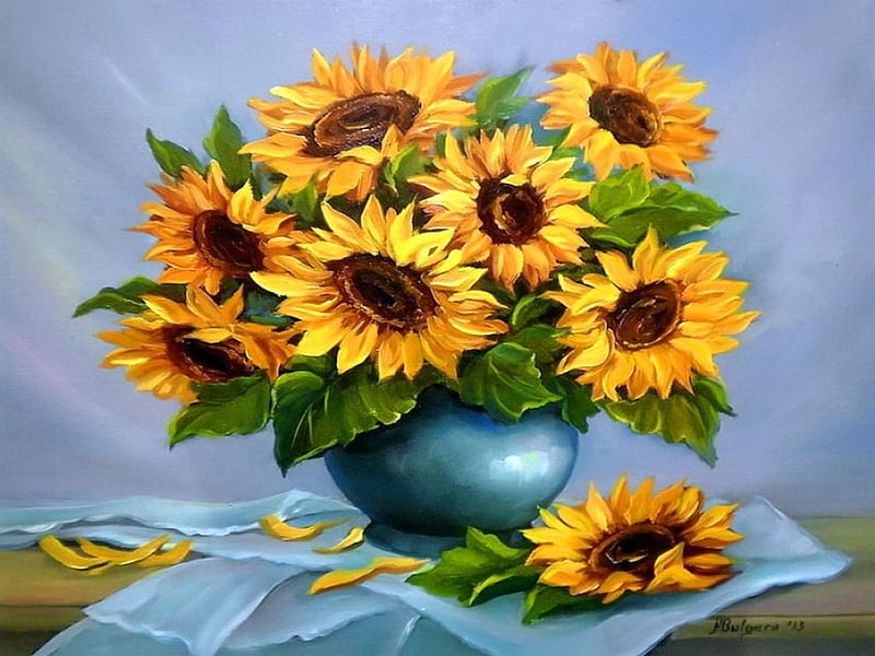 Still life with sunflowers, pretty, veil, yellow, vase, bonito, still life, leaves, nice, elegance, sunflowers, painting, flowers, room, harmony, art, lovely, bouquet, petals, HD wallpaper