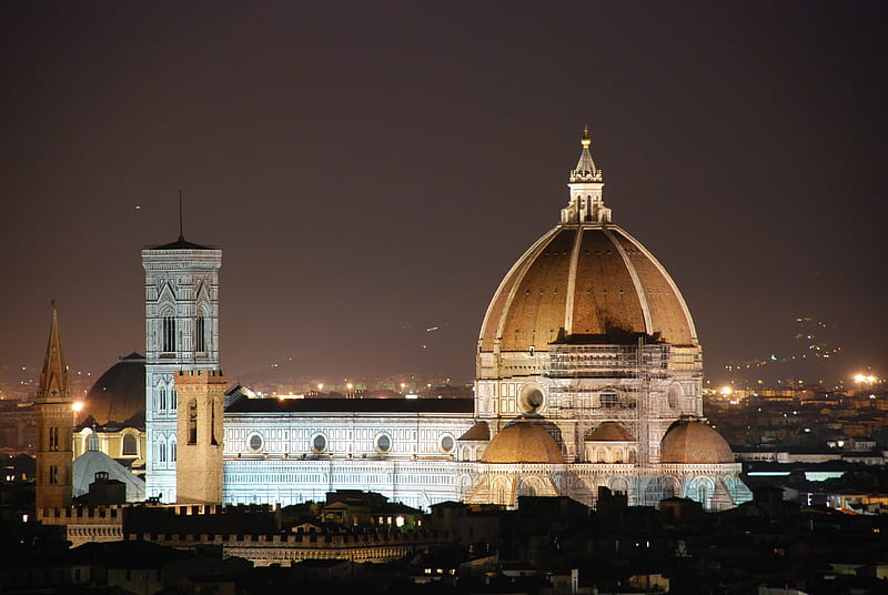 Il Duomo (The Dome) Florence, Italy, building, tower, dome, lights, night, HD wallpaper