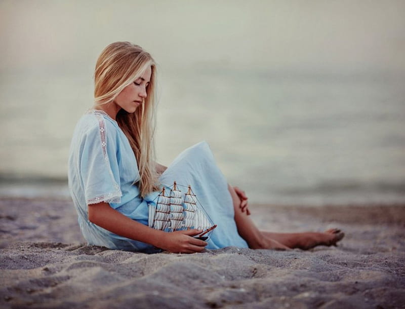 Beauty, beach, ship, model, lady, HD wallpaper