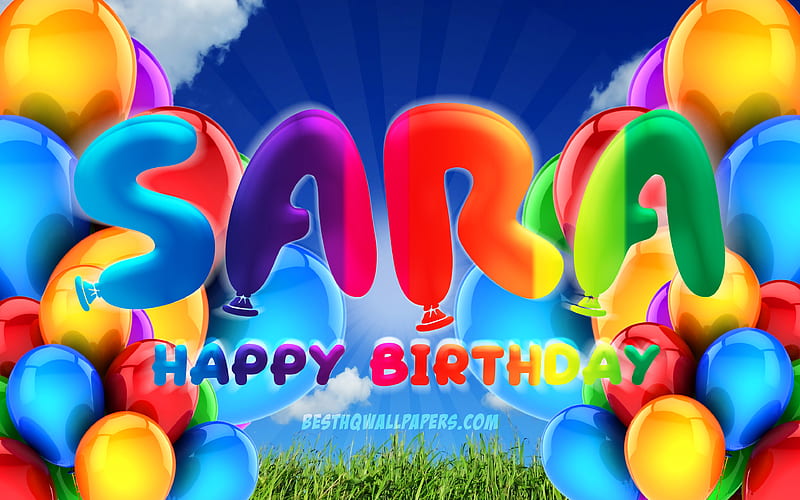 Sara Happy Birtay cloudy sky background, female names, Birtay Party, colorful ballons, Sara name, Happy Birtay Sara, Birtay concept, Sara Birtay, Sara, HD wallpaper