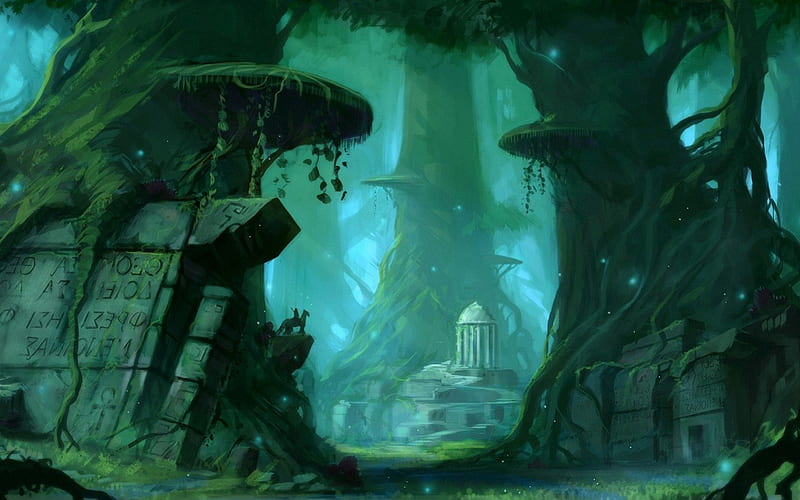 Ruins, forest, elf, tree, fantasy, city, green, castle, blue, HD wallpaper