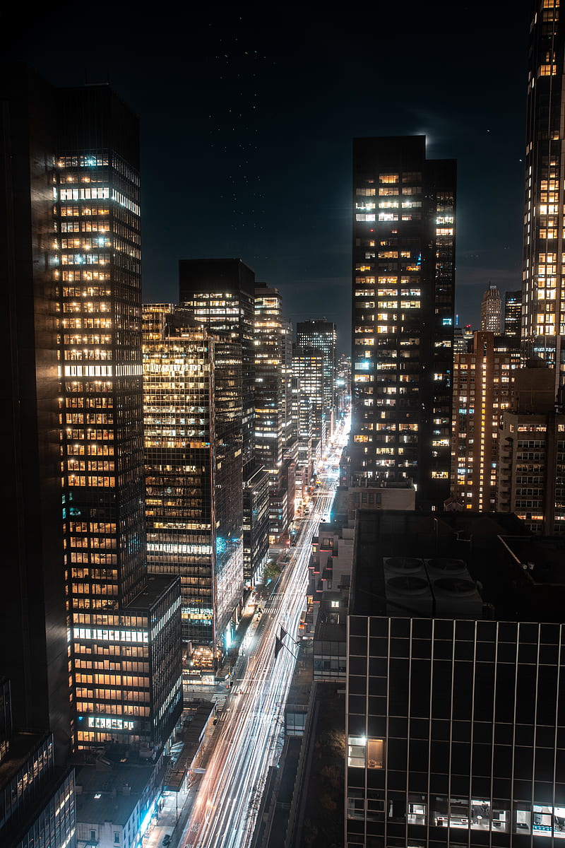 night city, aerial view, skyscrapers, buildings, lights, dark, HD phone wallpaper