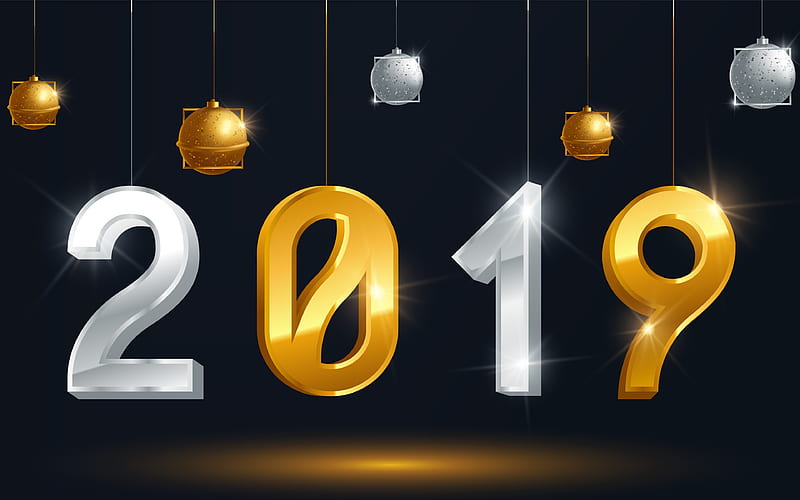 Happy New Year 2019, creative, pendant digits, 2019 concepts, 3d digits, 2019 year, black background, HD wallpaper