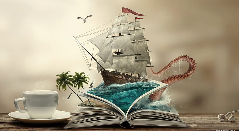 Journey Story Ultra, Aero, Creative, Ship, Journey, desenho, Book, Adventure, Story, cupoftea, sailingship, HD wallpaper