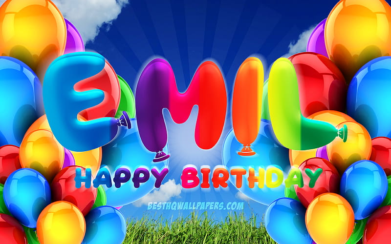 Emil Happy Birtay cloudy sky background, popular german male names, Birtay Party, colorful ballons, Emil name, Happy Birtay Emil, Birtay concept, Emil Birtay, Emil, HD wallpaper