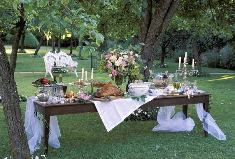 Wedding Garden Party, table, party, garden, nature, wedding, HD wallpaper
