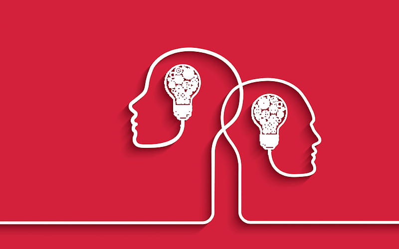 idea concept red background, human heads, idea bulbs, white lines, creative, HD wallpaper