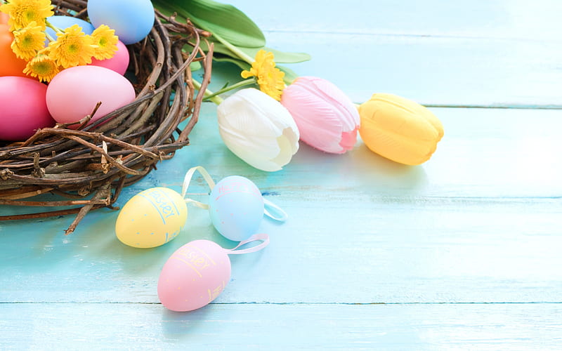 Happy Easter, spring, tulips, spring flowers, easter eggs, nest, eggs, HD wallpaper