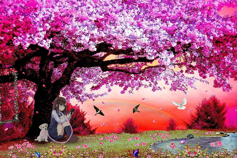 Anime girl, girl, anime, cherry blossom, dog, HD wallpaper | Peakpx