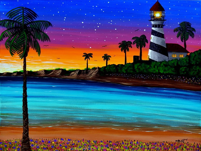 Twilight, stars, colorful, art, exotic, dusk, bonito, sky, palms, lighthouse, sea, lagoon, beach, paradise, painting, summer, HD wallpaper