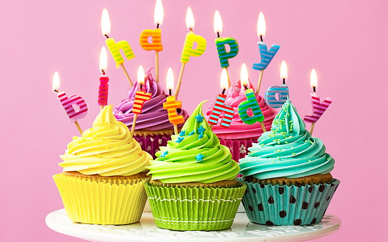 Happy Birtay, muffins, cakes, candles, birtay cake, cupcakes, HD wallpaper