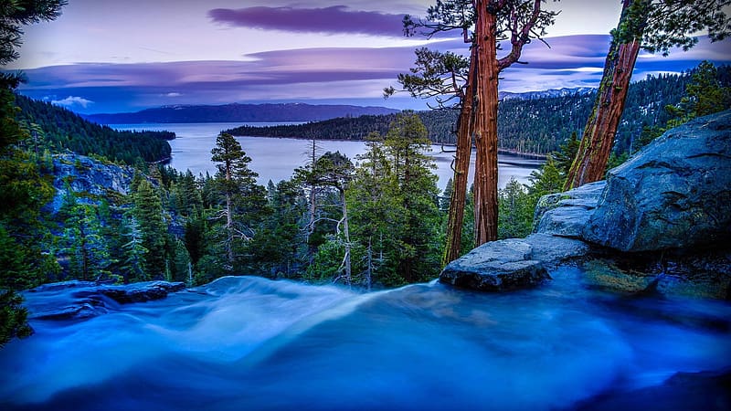 Waterfall At Emerald Bay, Lake Tahoe, California, usa, snow, landscape, trees, rocks, ice, HD wallpaper