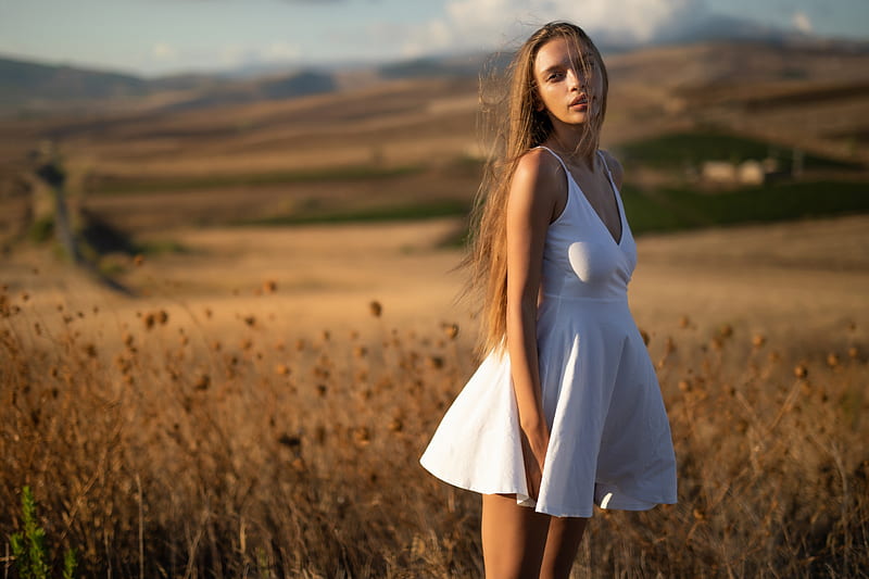 Models Model Brunette Depth Of Field Girl Long Hair White Dress