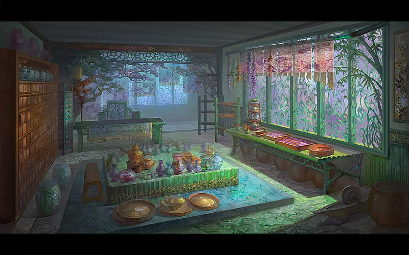 Hidden house, hrfleur, green, art, fantasy, luminos, room, papaya, HD wallpaper